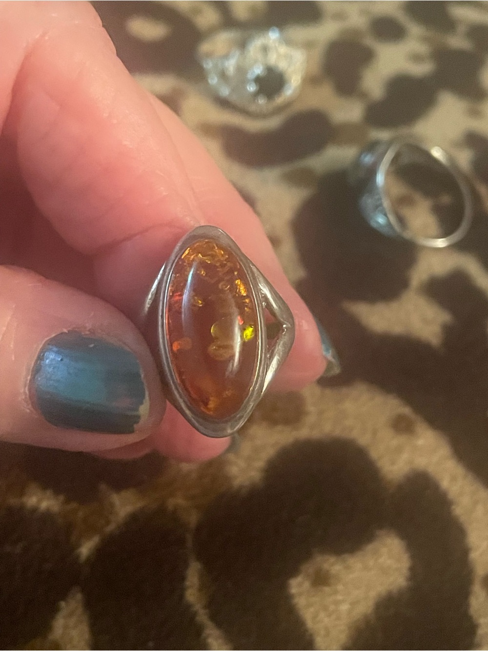 Sterling Silver Amber Marquise Ring - Orange Amber